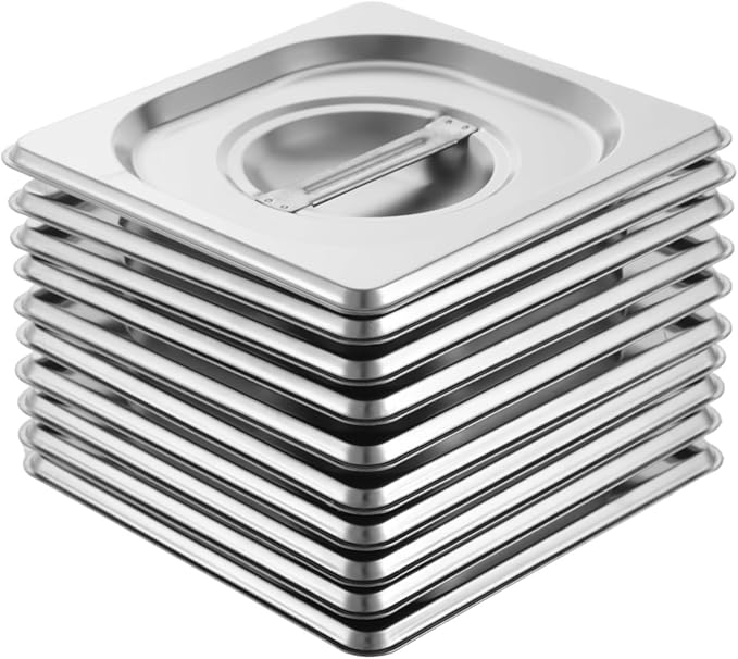 1/6 Steam Table Pan Lids 10 Pcs Stainless Steel Cover Handle Dustproof for Restaurants Hotels Catering