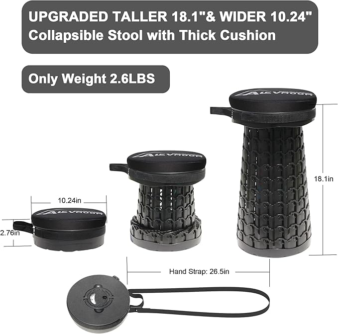 Upgraded Collapsible Stool with Cushion 880Lbs Max Weight Portable Folding Height Adjustable Lightweight Retractable Telescoping Stool for Camping Outdoors Fishing Hiking Travel BBQ with Carry Bag