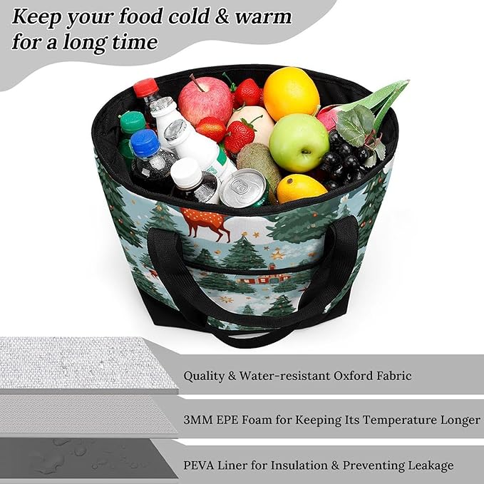 Insulated Shopping BagLarge Reusable Cooler Bags Christmas Holiday Printed Foldable Shopping BagTravel Waterproof Shoulder Bag