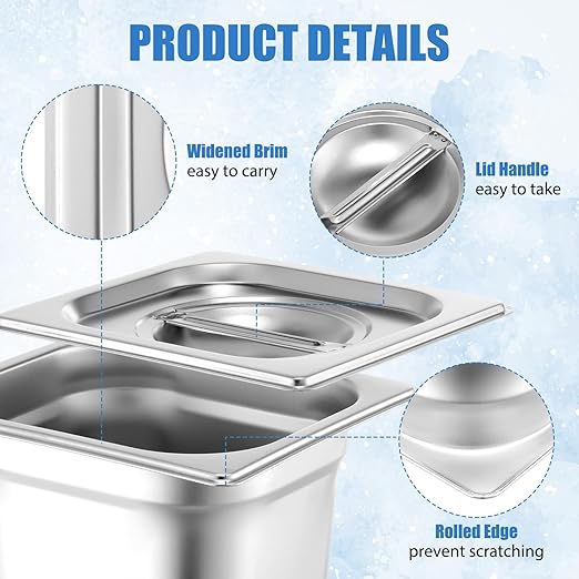 Thenshop 6 Pack Stainless Steam Hotel Pan with Lid Deep Steam Table Pan Reusable Anti Rust Water Restaurant Supplies for Home Party Buffet