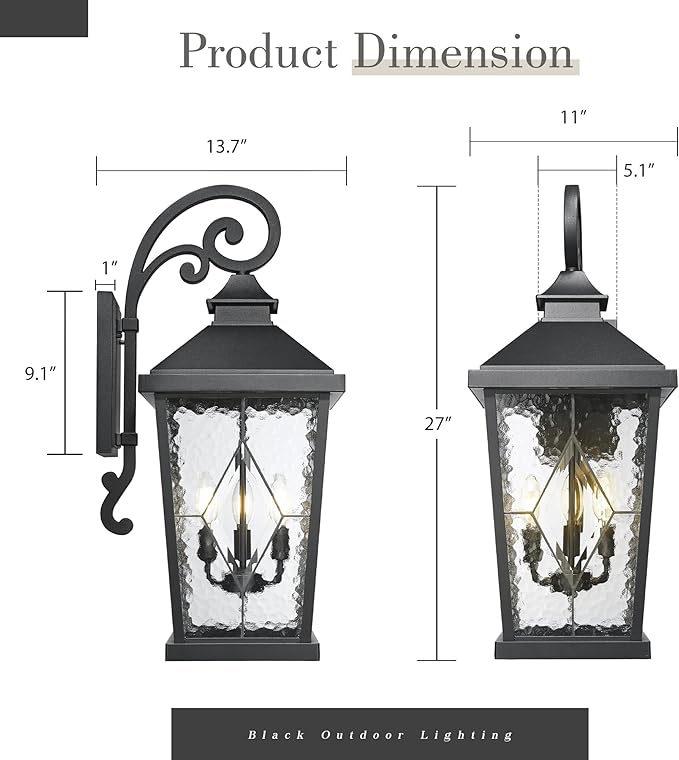 Emliviar Outdoor Light Fixture for Porch 27-Inch Extra Large Exterior Porch Lantern Light Waterproof Aluminum Outdoor Wall Sconce in Black Finish WE301BL-SD BK