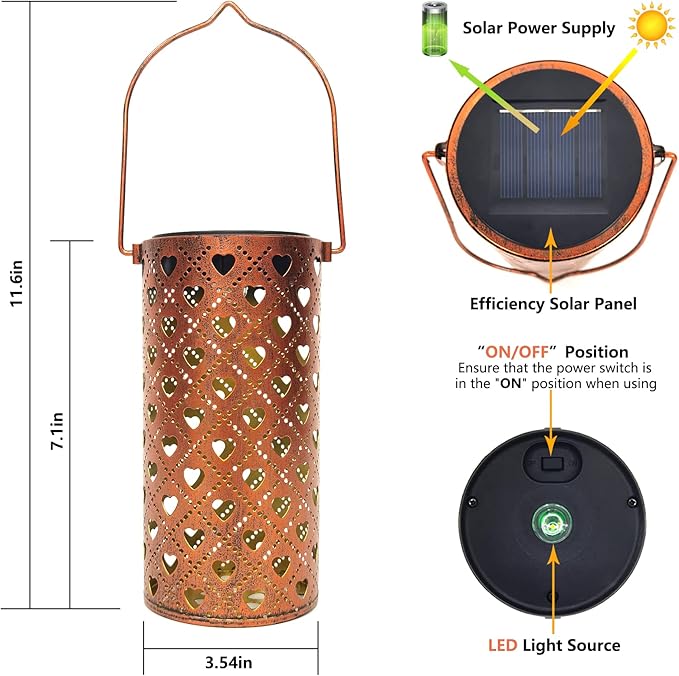 2 Pack Solar Lanterns Outdoor Hanging Heart Pattern Decor LanternWaterproof Hollow Out Metal Decorative Garden LightGraceful Decoration for PatioYardLandscapeWalkwayFestival