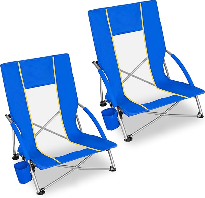 Romswi Low Beach Chairs for Adults 2 Pack Lightweight Folding Sand Chairs with Breathable Mesh Back &amp Cup Holder Portable Compact Camping Chairs 400lbs CapacityBlue