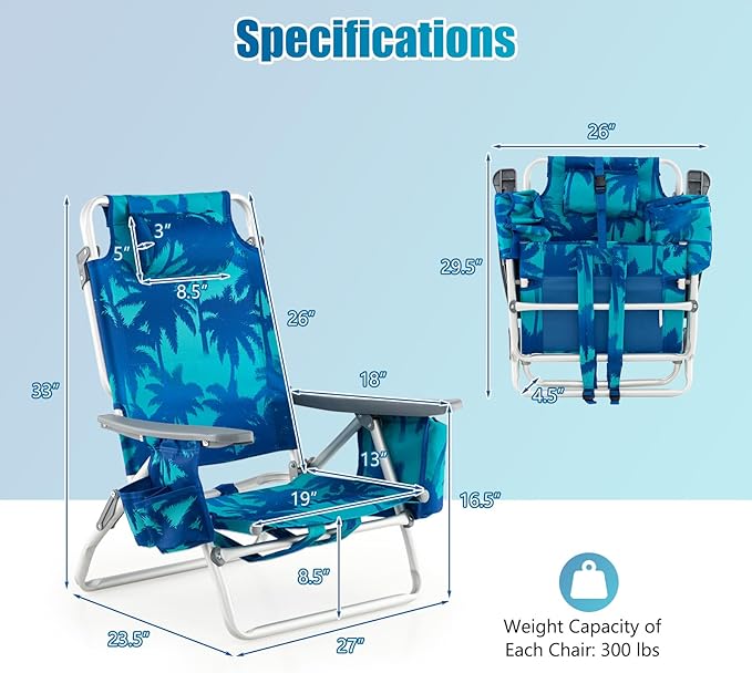 GYMAX Beach Chairs Backpack Camping Chair with Armrest Cooler Bag Cup Holder Towel Bar &amp Side Pockets Sunbath Sling Tanning Lounge Folding Layout Chair (Without Table Coconut Tree)