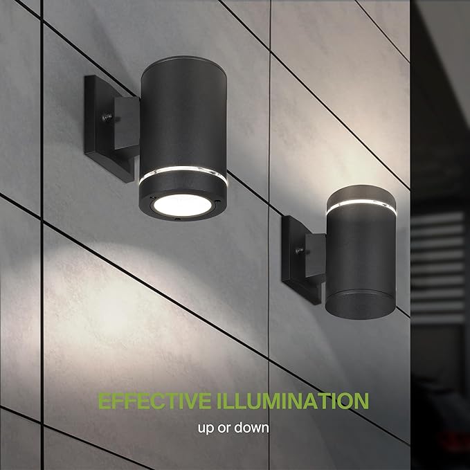 ASD 1 Light Outdoor Wall Light Fixture | 60W E26 Bulb Socket 120V ETL Cylinder Up Down Lights | LED/CFL/Incandescent Bulb Exterior Wall Sconce | Front Door Porch Patio Lighting | Ringed Black 2 Pack