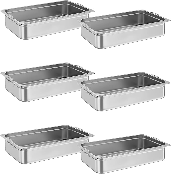 GarveeHome 6 Pack Full Size Food Pans 4 in Deep Commercial Catering Hotel Pan NSF Certified Stainless Steel Anti-Jamming Steam Table PanHandle + No Lid