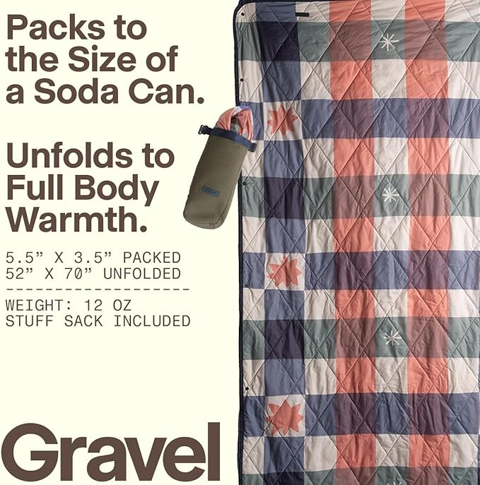 Gravel UltraPak™ Packable Puffy Camping Blanket – Lightweight Outdoor Blanket Waterproof for Camping Hiking &amp Travel – Compact Puffy Blanket Durable 20D Nylon Easy Clean Hands-Free Snap Plaid