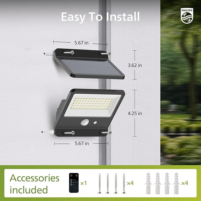 Philips Solar Security Light Outdoor LED 6500K Solar-Powered Flood Light w/PIR Motion Sensor Remote Control w/16ft Cable IP65 Waterproof 3 Modes (2)