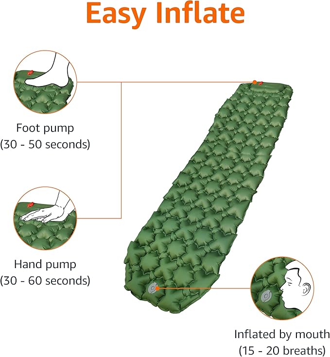 Amazon Basics Camping Sleeping Pad with Quick-Inflate Built-in Foot Pump Water Resistant Ultralight Portable for Hiking and Backpacking Olive Green