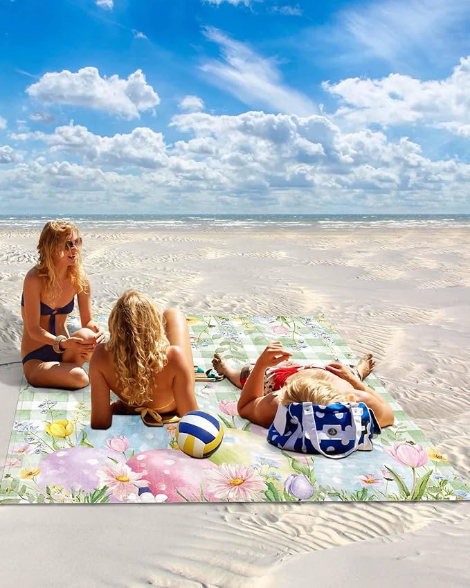 Beach Blanket Waterproof Sandproof Easter Egg Green Check Quick Drying Beach Mat with 4 Stakes Spring Flower Leaf Pastoral Style Lightweight Picnic Blanket for Travel Camping Outdoor 118x108