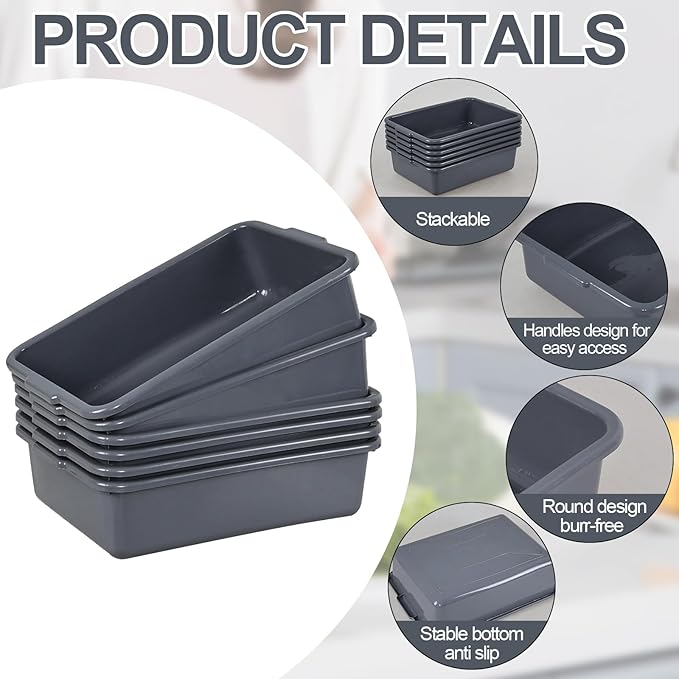 15 L Plastic Commercial Bus Box 12-Pack Dish Tubs for Restaurant &amp Home Gray