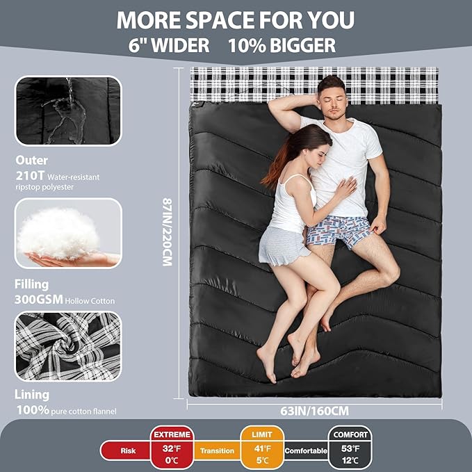 XL Queen Size 2 Person Double Sleeping Bag for Adults Lightweight Compact with Flannel Liner &amp Thermolock Draft Tube Machine Washable All Season Camping Travel