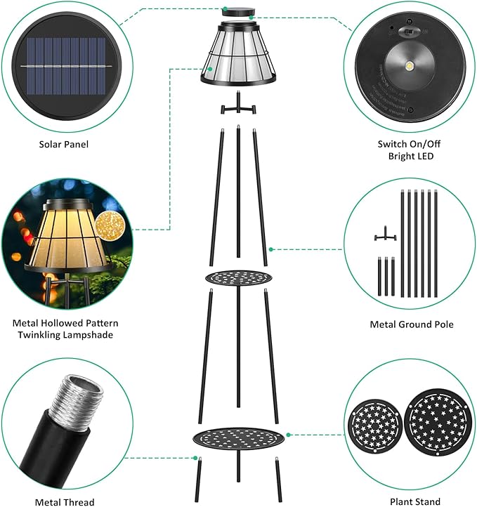 2 Pack Solar Floor Lamps Outdoor with 2-Tier Plant Stand Metal Tall Planter Holder with Waterproof LED Lantern Decorative Patio Light &amp Flower Pot Display Rack for Garden Deck Porch Balcony