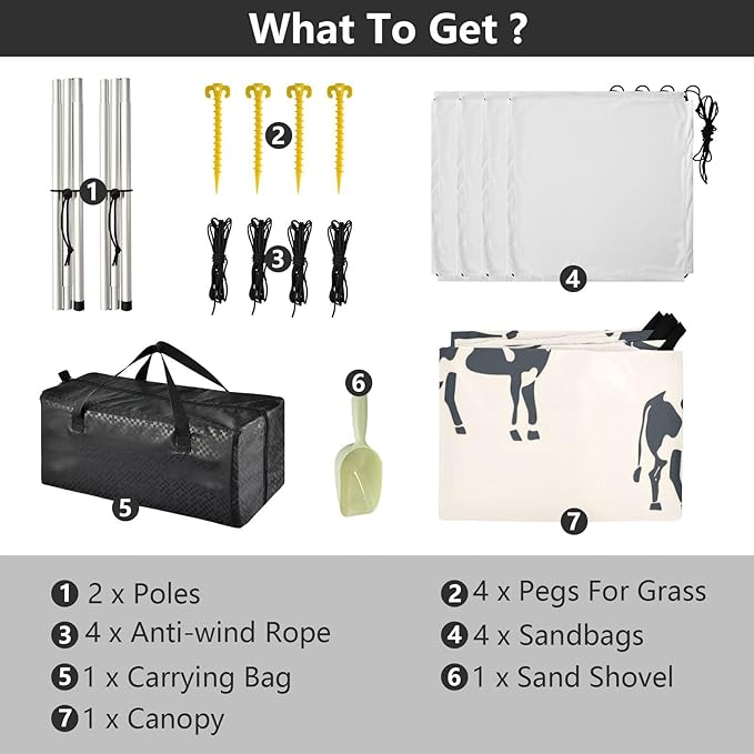 Cow Pattern Beach Tent Sun Shelter 9.2' x 10.5' Beach Canopy with 4 Sandbags 4 Stability Poles Sand Shovels - Tent Canopy for Beach Camping Fishing Picnics
