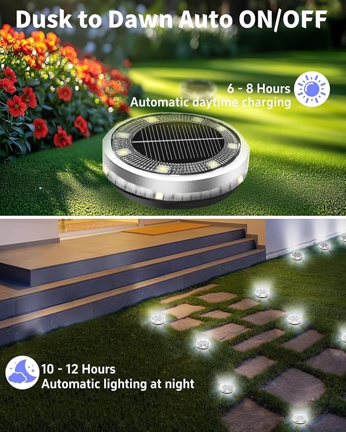 Solar Ground Lights Outdoor 18 Pack Waterproof Upgraded Solar Garden Lights with 4 Side Light Stainless Steel Solar Powered Disc Landscape Light for Walkway Lawn Yard Patio Deck-Cool White
