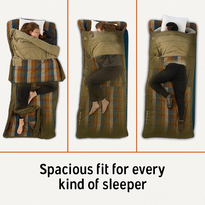 Kelty Wayback Flannel Lined Sleeping Bag Built in Blanket Traditional Rectangle Shape Organic Flannel Cotton Liner Dual Locking Slide Zips