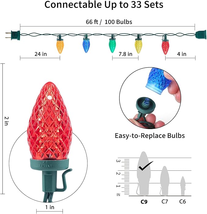 Brightown C9 Christmas String Lights Multicolor 66ft 100 LED Faceted Christmas Lights on Green Wire Plug-in Large Bulb Strawberry String Lights for House Roof Roofline Christmas Tree Party Outdoor