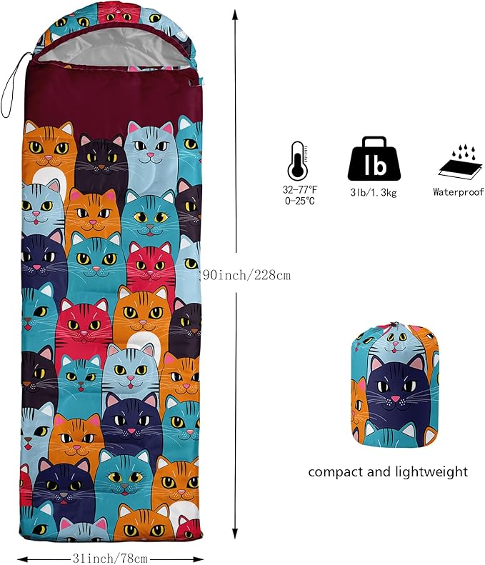 Axolotl Colorful Cats 3 Season Sleeping Bag for Kids Girls Teens - Warm and Cool Weather Pet Animal Theme Waterproof Lightweight for Traveling Outdoors Camping Equipment