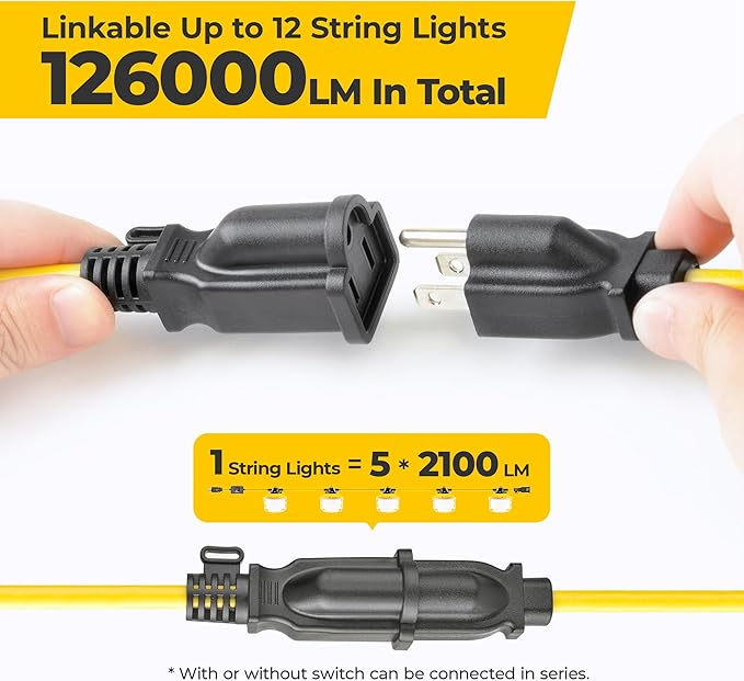 Outdoor Construction LED String Lights: 3 Prong 50FT 75w 10500lm ETL Certified Super Bright Temporary Lighting Hanging IP65 Waterproof Work Light for Attic Jobsite Garage