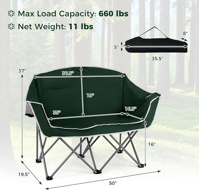 Tangkula 2 Person Camping Chair Portable Oversized Outdoor Folding Camp Chair Loveseat with Padded Seat Cup Holder Carry Bag Heavy Duty Lawn Chair for Beach Fishing Travel (2-PersonGreen)