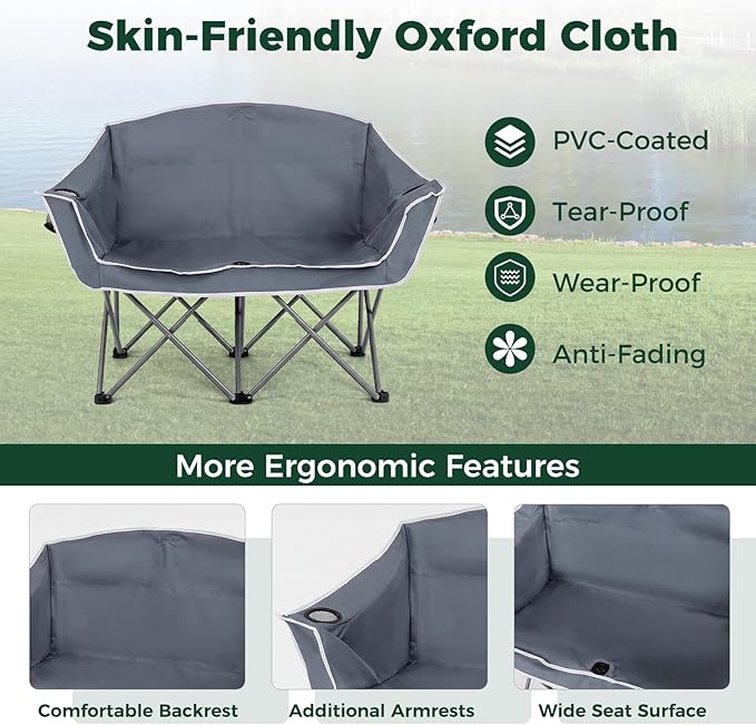 Tangkula 2 Person Camping Chair Portable Oversized Outdoor Folding Camp Chair Loveseat with Padded Seat Cup Holder Carry Bag Heavy Duty Lawn Chair for Beach Fishing Travel (Gray 2-Person)