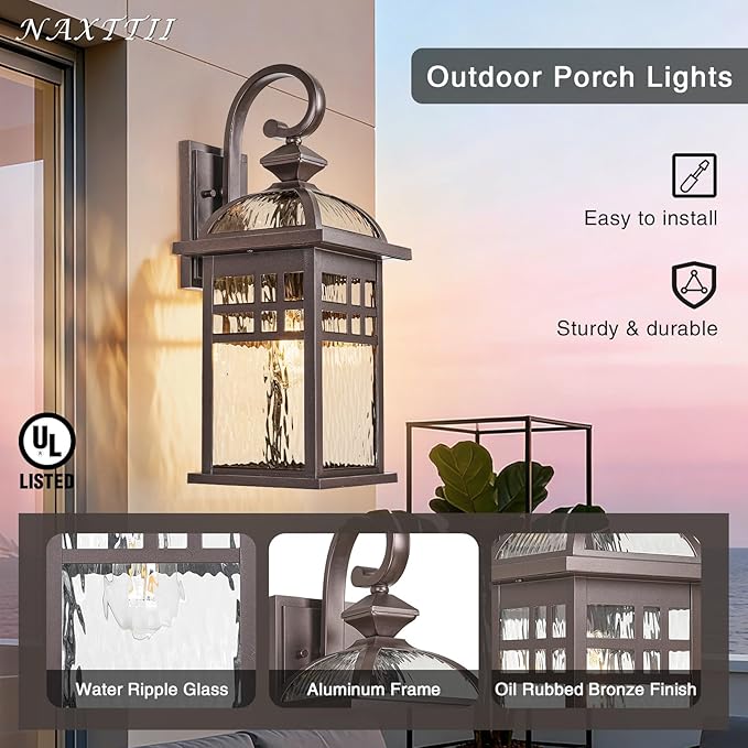 Porch Lights Outdoor Waterproof Exterior Lighting Fixture 15 Inch Height Aluminum Outdoor Wall Lights with Water Ripple Glass for Garage Patio and Door Way