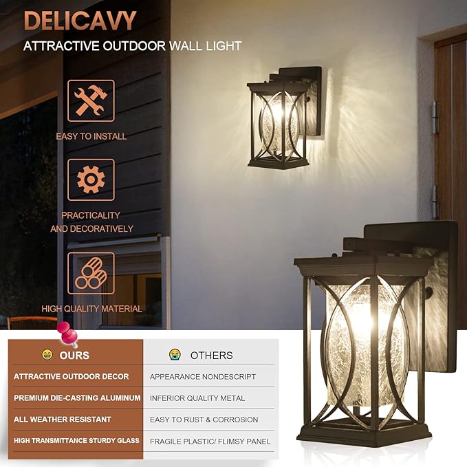 Dusk to Dawn Outdoor Wall Lanterns Small Modern Exterior Light Fixture Aluminum with Crack-Like Glass UL and IP65 Waterproof Wall Sconce Outdoor Wall Light for Porch Garage Front Door Black