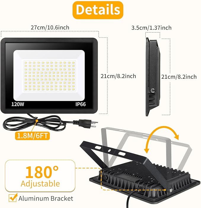 120W LED Flood Light Outdoor with 6ft Plug 14400LM Brighter Exterior Security Lights 5000K Daylight LED Work Light IP66 Waterproof for Yard Garage Stadium Lawn 2 Pack