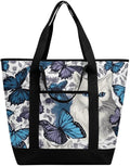 Insulated Shopping BagLarge Reusable Cooler Bags Blue Butterfly And White Cat Printed Foldable Shopping BagTravel Waterproof Shoulder Bag