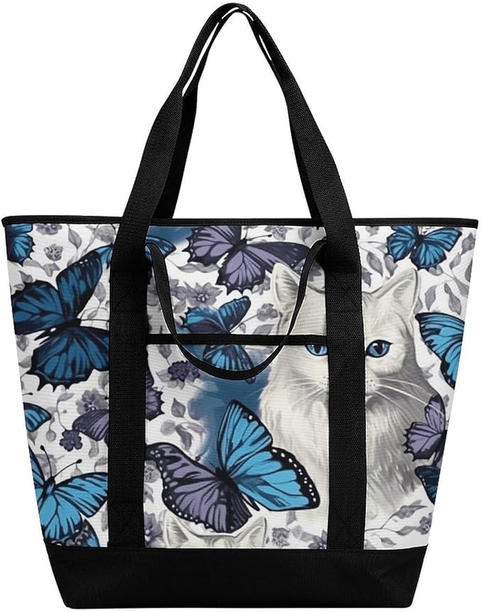Insulated Shopping BagLarge Reusable Cooler Bags Blue Butterfly And White Cat Printed Foldable Shopping BagTravel Waterproof Shoulder Bag