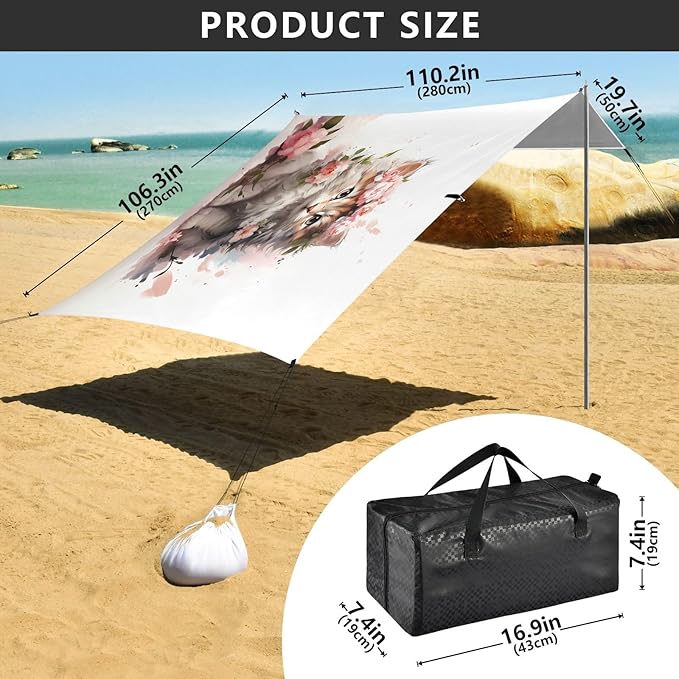 ALAZA Cat Kitten Rose Flowers Beach Tent Sun Shelter UPF50+ Protection Beach Shade Canopy w/ 4 Sandbags for Outdoor Camping Fishing Backyard Fun Picnic 10x9 ft