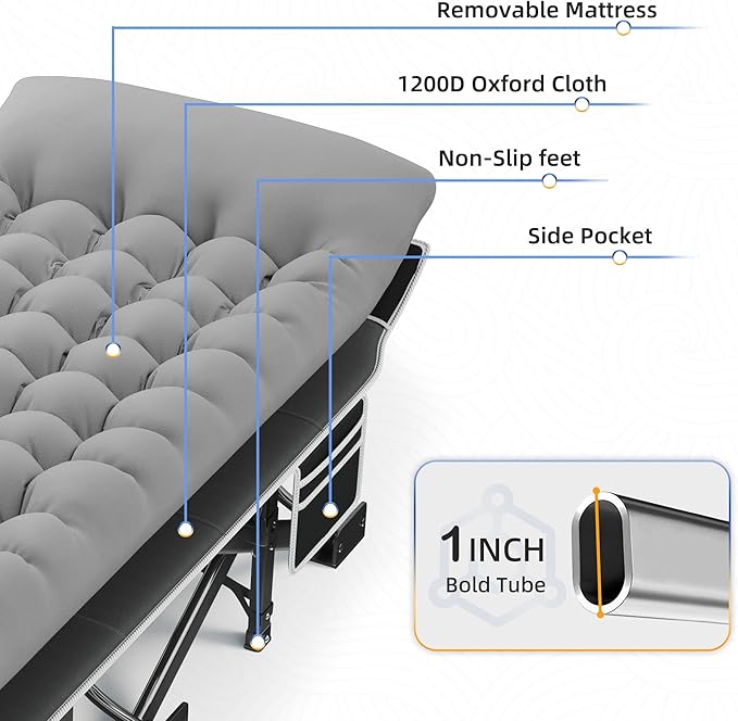 HABUTWAY Camping Cot with Mattress 32 Extra Wide Camping Cots for Adults Sleeping Cot for Adults Holds Up to 600LBS Cots for Sleeping Camp Rv Beach Patio Office Naps(Grey)