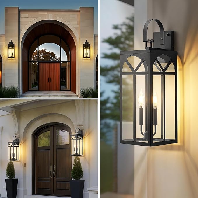 Dusk to Dawn Outdoor Wall Lighting 2 Packs 18 Large Exterior Matte Black Outdoor Sconce Lights Industrial Porch Wall Lantern Waterproof Modern Outdoor Light Lamp Fixture for Patio Entryway