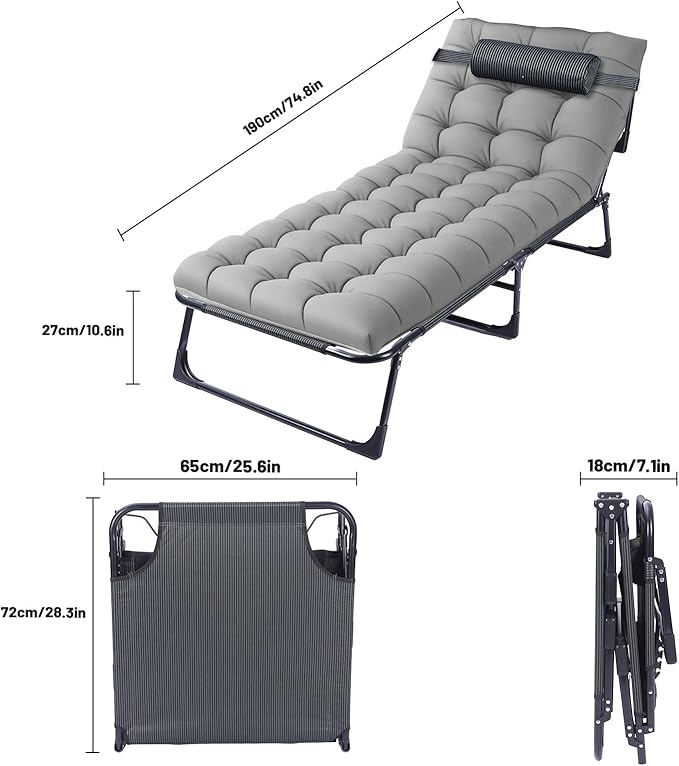 Portable Camping Cot for Adults with Removable Mattress Double Layer 1200D 330lb Foading Cot Heavy Duty Camping Bed with Pillow 4-Position Reclining for Guest Sleeping (Gray)