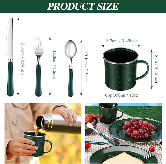 Nuogo 12 Pcs Enamel Camping Tableware Set Dinnerware Kit Includes 12 oz Coffee Mugs Camping Plates Bowls and Utensils Set with Knife Fork Spoon for 2 People Hiking Picnic Outdoor