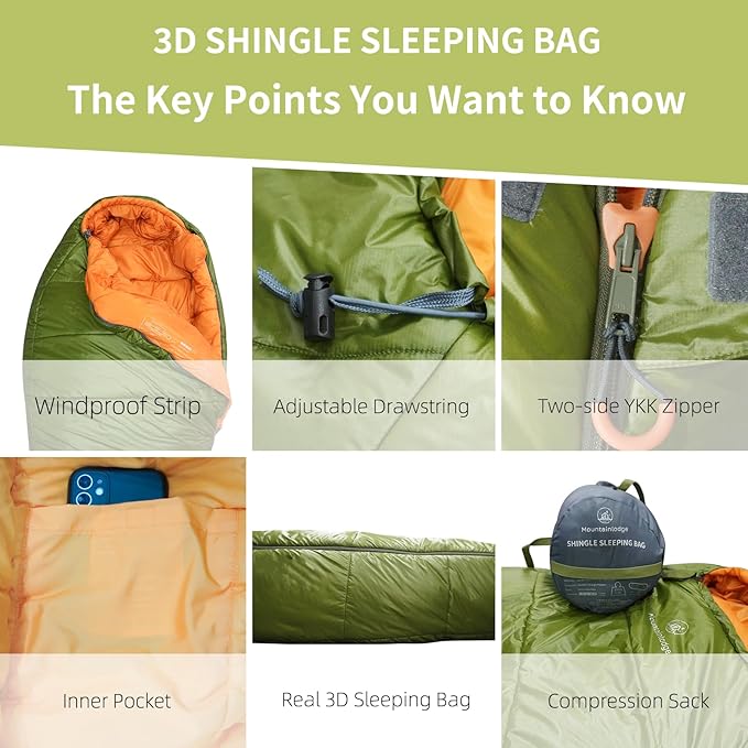 Mountainlodge 3-4 Seasons Shingle Sleeping Bag 15℉ with Inner Pocket for AdultPerfect for BackpackingTraveling and HikingIncluding Free Compression Stuff Sack.