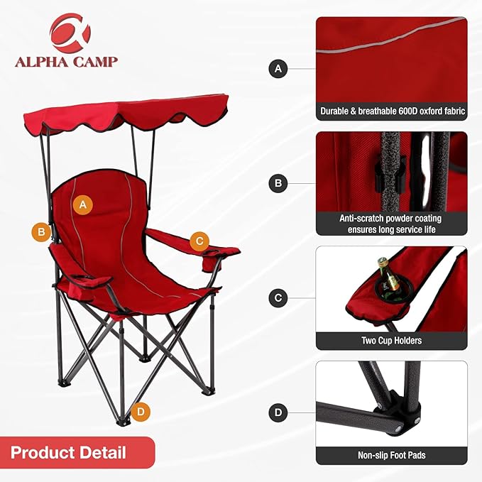ALPHA CAMP Oversized Camping Chair with Shade Canopy Folding Lawn Chairs