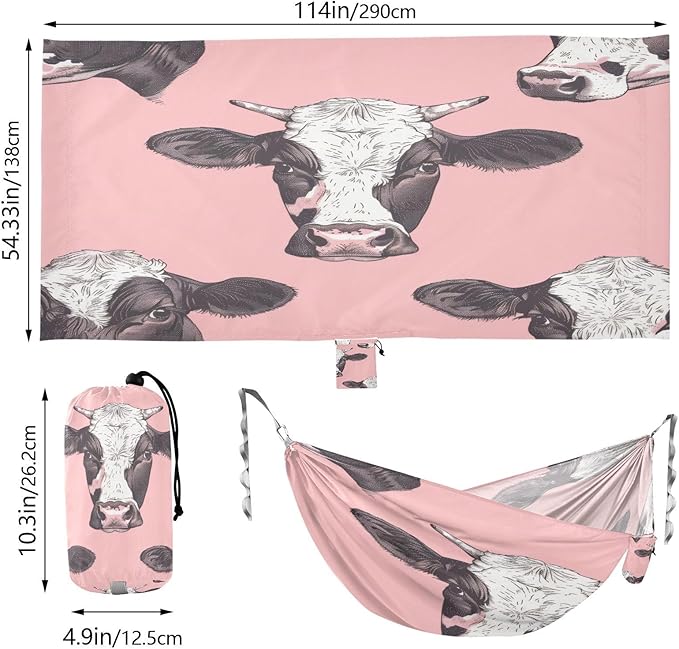 Cow Pink Camping Hammock 330 lbs with 2 Tree Straps Carry Bag Single Portable Hammock for Outdoor/Indoor Hiking Beach Backpacking Travel