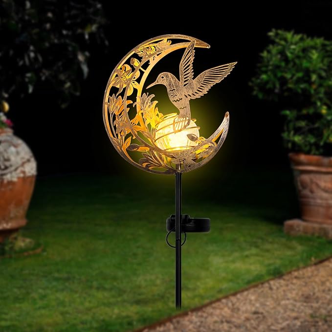 Solar Hummingbird Lights Outdoor Decor - Moon &amp Bird SolaGardenLights Waterproof Auto On/Off Pathway Lighting for Yard/Lawn/Patio Handcrafted Metal Solar-Stake-Lights for Outside Decorations