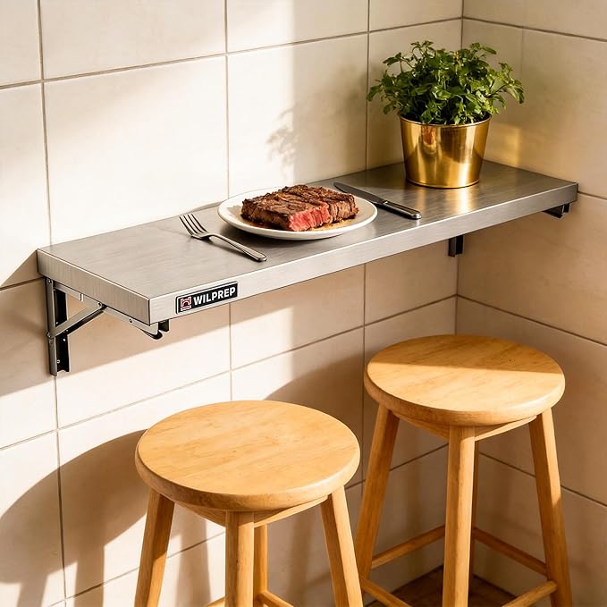 Wilprep Stainless Steel Shelf 12x 48 Folding Shelf Commercial Shelf for Kitchen Wall 220lb Metal Foldable Storage Shelf with &amp Support Brackets for Restaurant Kitchen Laundry Room Garage