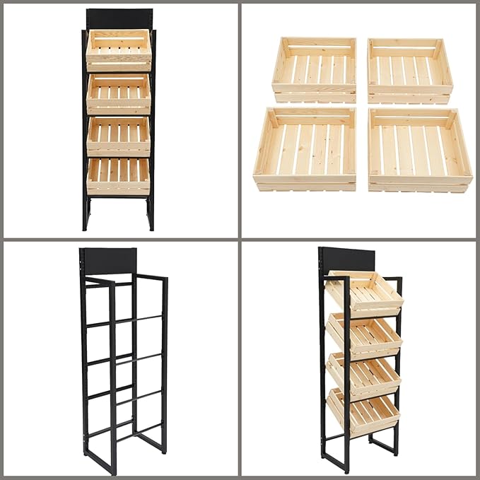 Wood Fruit and Vegetable Storage Rack 4-Tier Narrow Snack Rack Stand Farmers Market Stand for Kitchen Store Supermarket