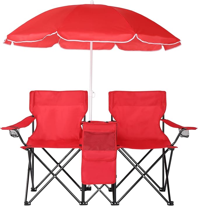 Outvita Folding Double Camping Chair w/Umbrella Beverage Holder Carrying Bag Cooler Fold Up Table Large Bearing Capacity for Beach Patio Pool Park Outdoor Red