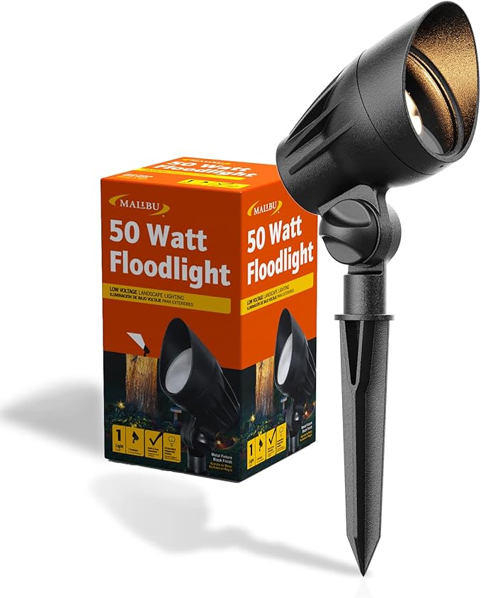 Malibu 50 Watt Floodlight Landscape Lights Outdoor Spotlight Waterproof Path Light Low Voltage Lighting with Spike Stand for Garden Yard Pathway Lawn Driveway Outdoor Lighting 8301-9601-01