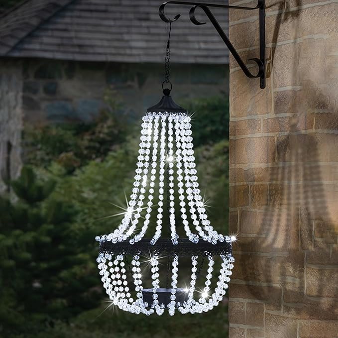 Hanging Solar Lantern Outdoor 28” Modern Clear Crystal Acrylic Chandelier with 30 Cool White Lights S Hook for Garden Yard Patio Gazebo Decorations