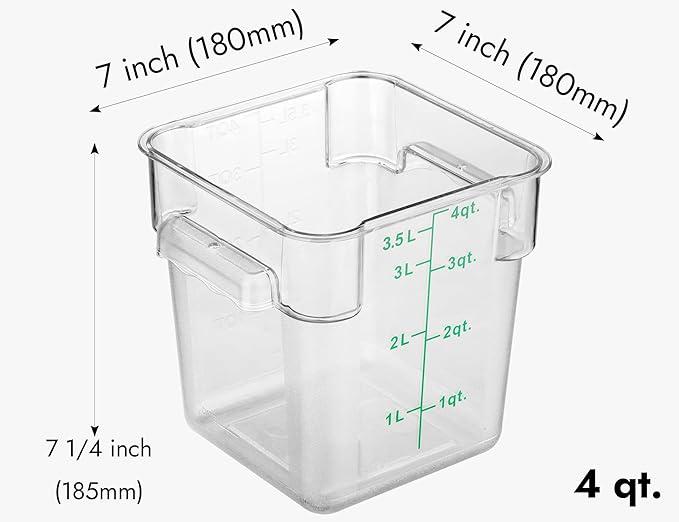 CURTA 8-Pack 4 Qt NSF Clear Polycarbonate Food Storage Containers with Green Lids - Square Commercial-Grade Freezer &amp Dishwasher Safe Stackable