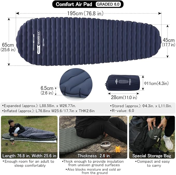 Camping Air Pad Graded 6.0 High R-Value 6 Insulation Warmth Comfort Compact Lightweight Air Mat Pump Bag Included Backpacking Climbing Outdoor Car Camping Inflatable Sleeping Pad
