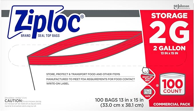 SC Johnson Professional Ziploc Brand Food Storage 2 Gallon Bags Food Storage Ziploc Brand Bags Commercial Pack 100 Count Box for Professional Use Only (Pack of 2)