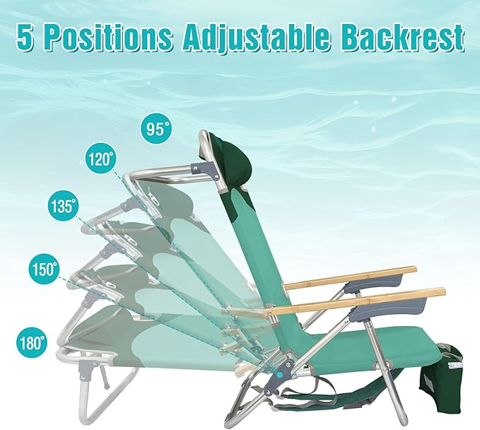 Folding Backpack Beach Chair 2 Pack for Adults &amp Teens Aluminum 5-Position Lay Flat Lounge Chair with Camping Bamboo Table 200LBS Beach Reclining Chair Outdoor with Cooler Bag Green
