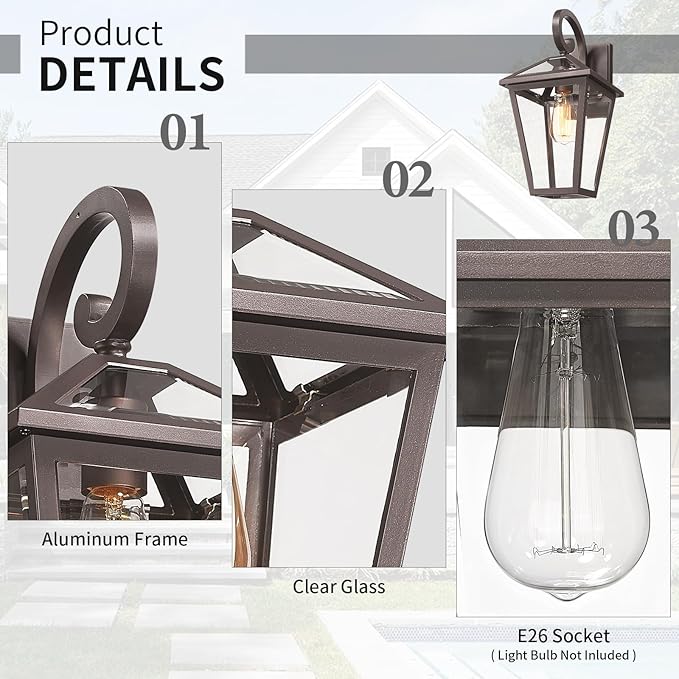 Outdoor Light Fixtures Wall Mount Waterproof Exterior Wall Lanterns with Glass Outside Wall Sconces Front Porch Lights for House Garage Doorway Patio Oil-Rubbed Bronze