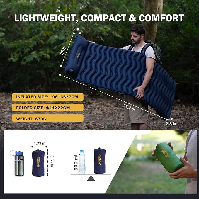 Ultralight Sleeping Pad with Pillow– Inflatable Camping Mat for Backpacking Traveling and Hiking Compact and Portable (Green)